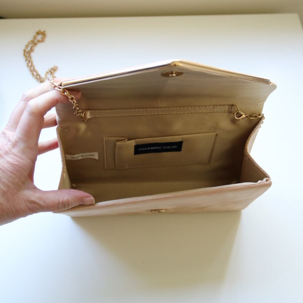 NWOT Faux Suede Beige & Gold Crossbody Clutch Purse‎ Handbag Formal - Picture 4 of 6